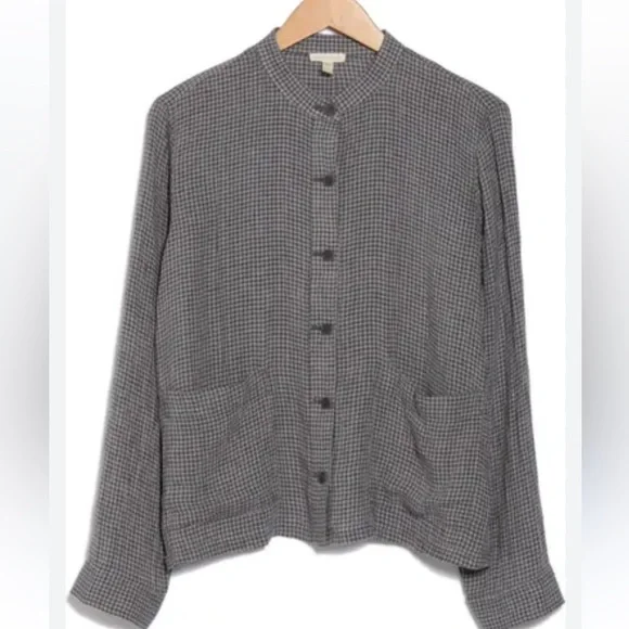 Eileen Fisher NWT Checkered Organic Cotton Mandarin Collar Button Down Shacket